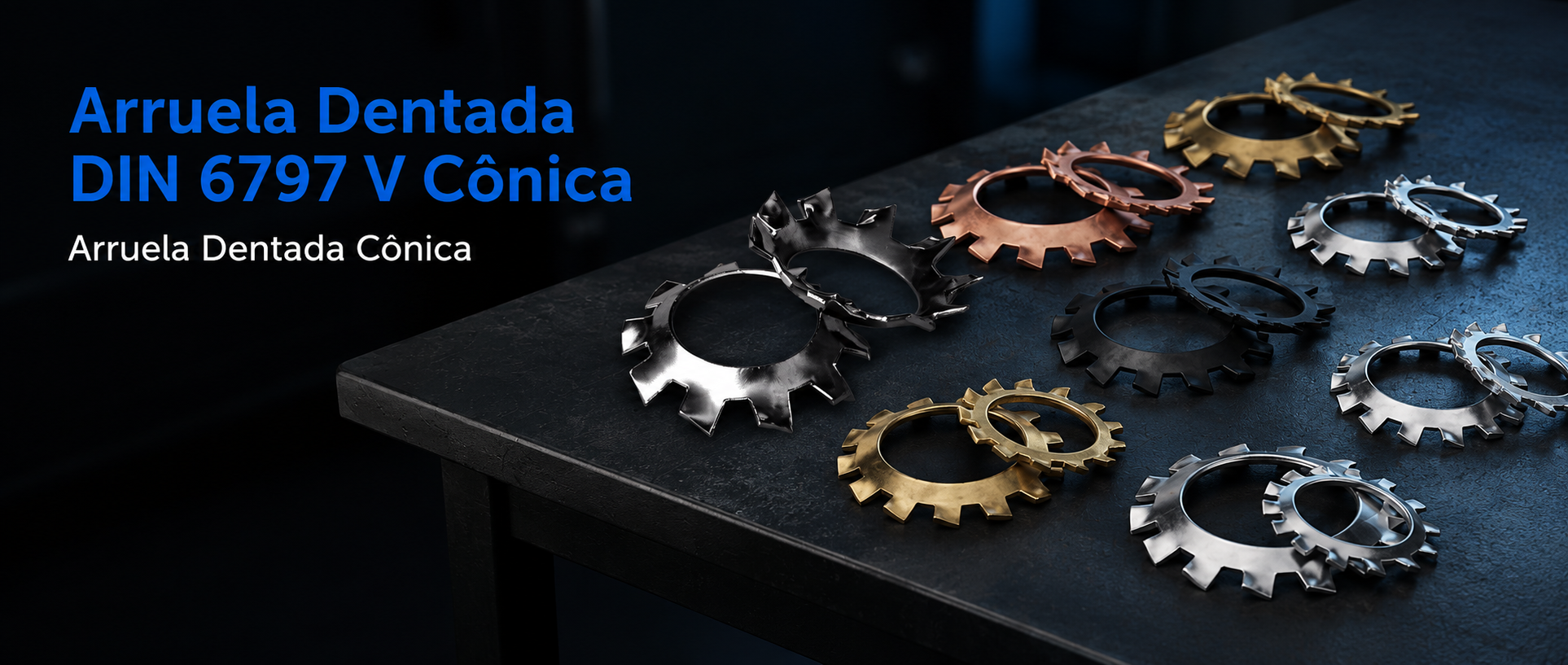 Arruela Dentada Cônica DIN 6797 V, fabricada pela Unistamp em Inox 304, Inox 316, Inox 316L, Cobre e Aço Carbono