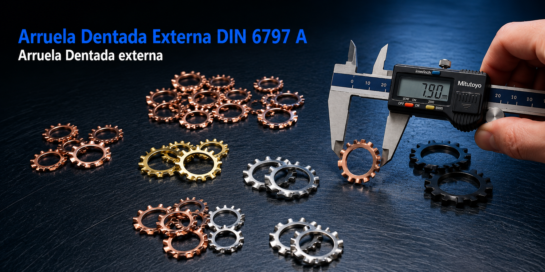 Arruela Dentada DIN 6797A, fabricada pela Unistamp em Inox 304, Inox 316, Inox 316L, Cobre e Aço Carbono