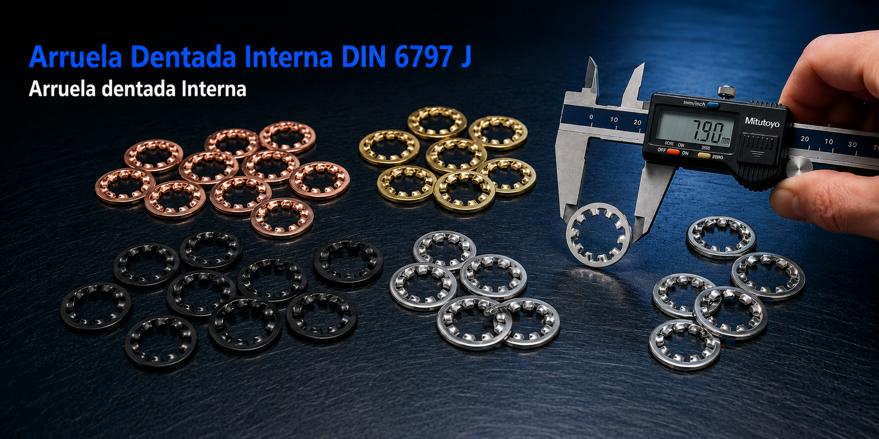 Arruela Dentada DIN 6797 J, fabricada pela Unistamp em Inox 304, Inox 316, Inox 316L, Cobre e Aço Carbono