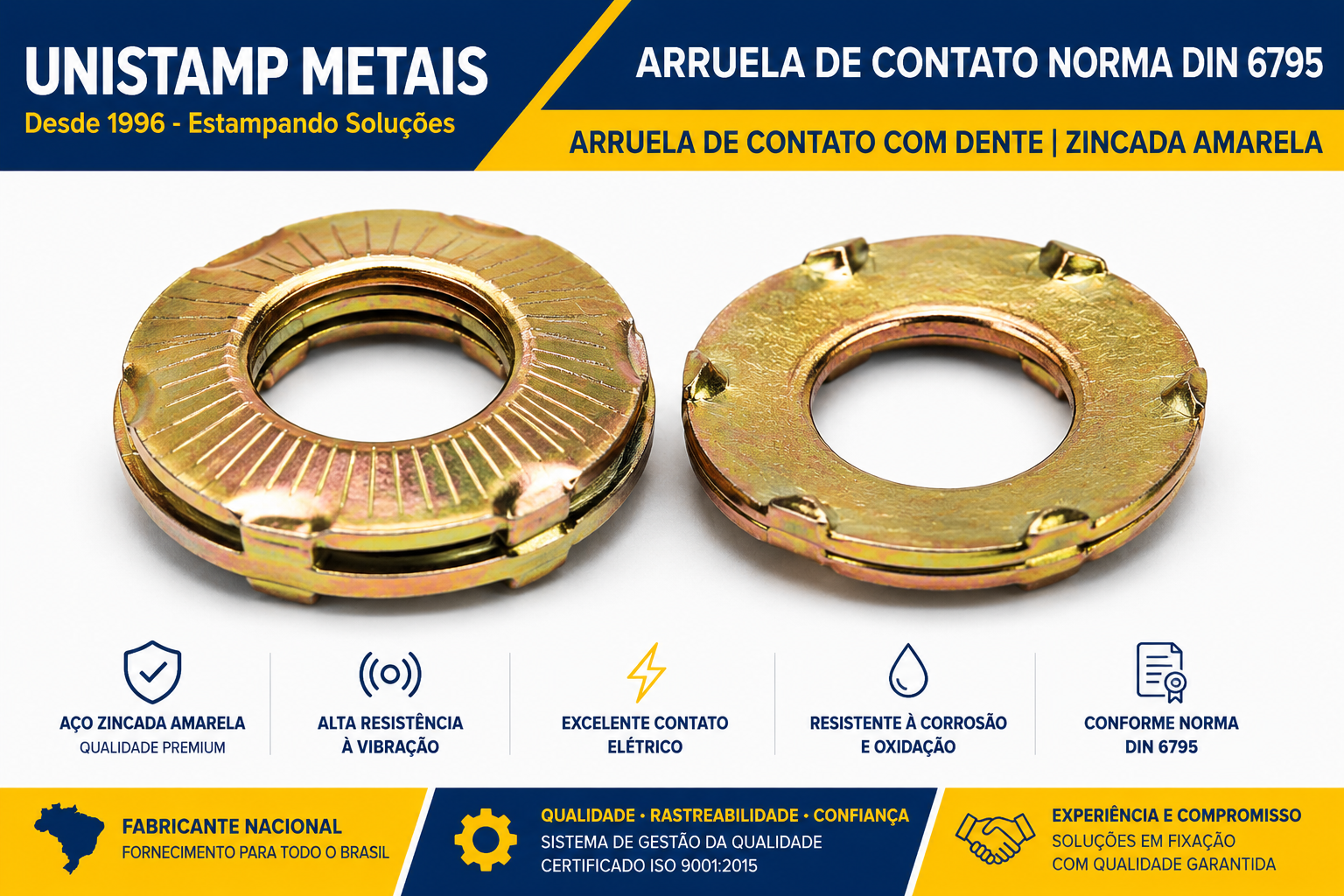 Arruela de Contato Zinca Amarela DIN 6795 | Arruela de Contato Trivalente Amarela DIN 6795 - Fabricante Nacional Unistamp Metais