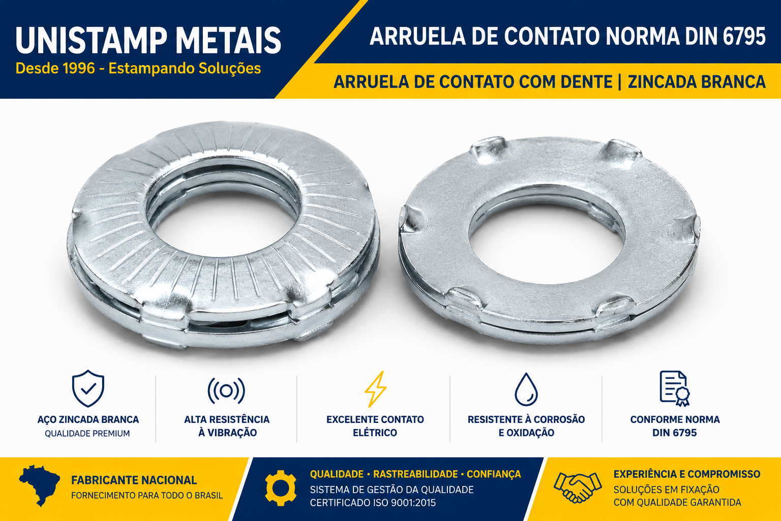 Arruela de Contato Zincada Branca DIN 6795 | Arruela de Contato Trivalente Branco DIN 6795 - Fabricante Nacional Unistamp Metais