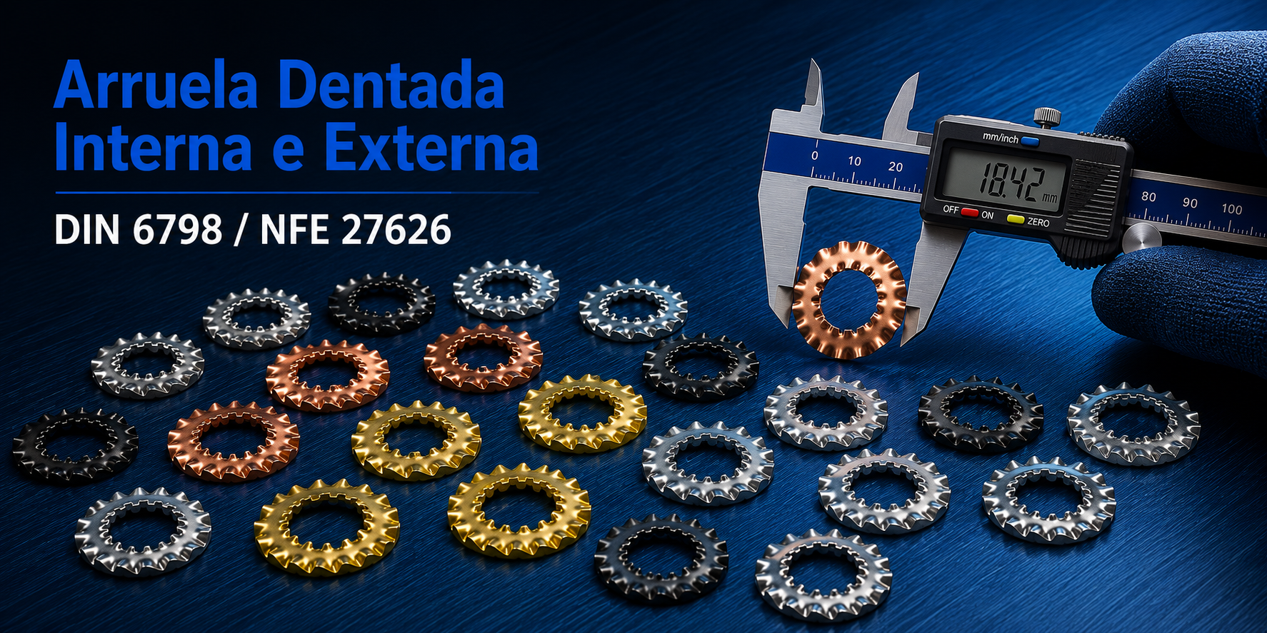 Arruela Dentada Dupla DIN 6798, NFE27626, fabricada pela Unistamp em Inox 304, Inox 316, Inox 316L, Cobre e Aço Carbono