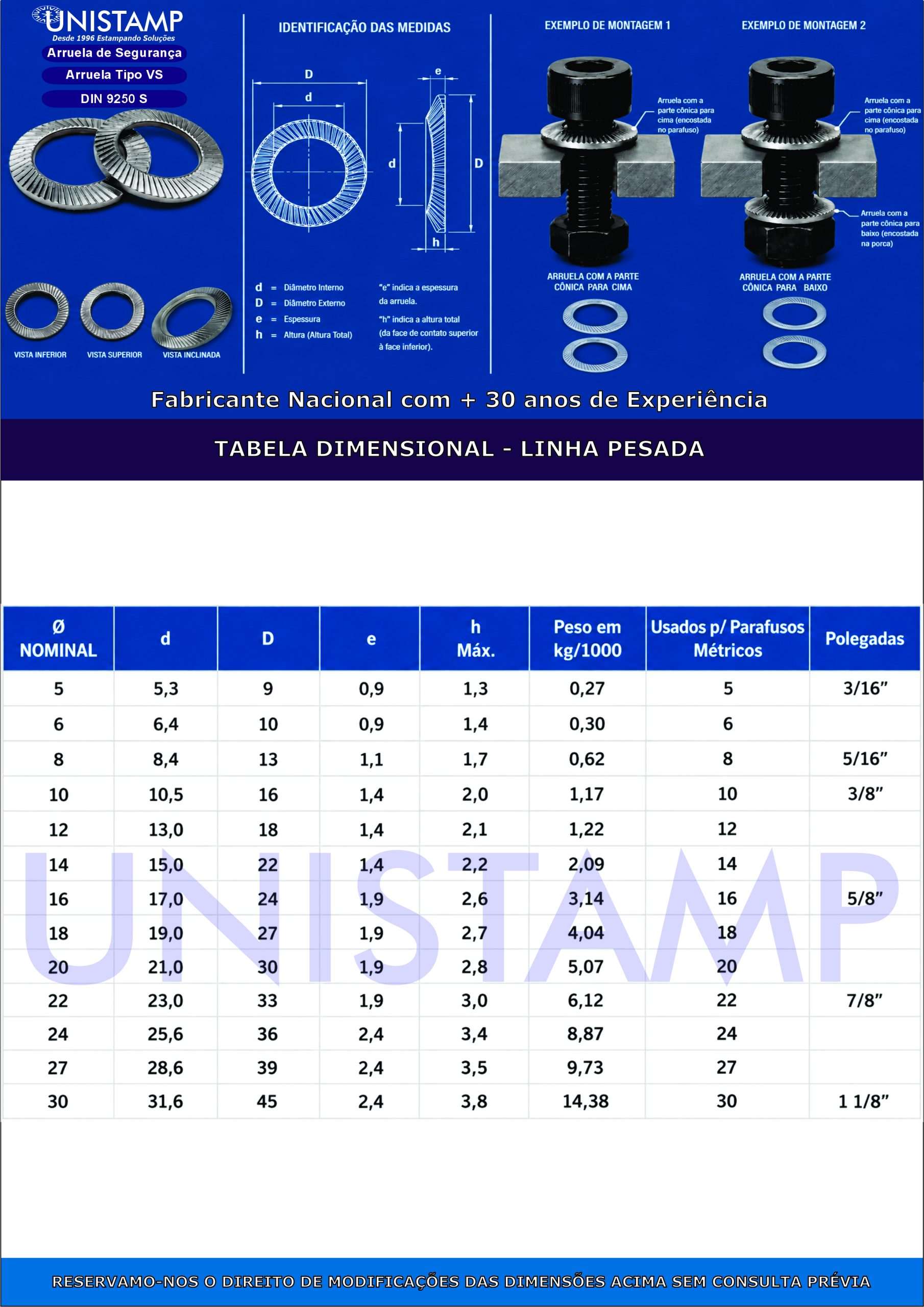 Catálogo Dimensional Arruela Cônica Estriada VS Linha Pesada | Arruela de Segurança Tipo VS Unistamp Metais com medidas