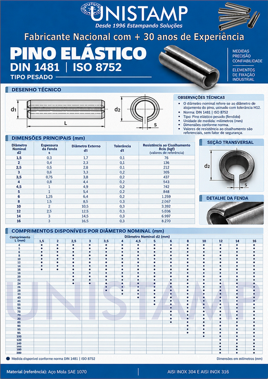 Catálogo Dimensional Pino Elástico DIN 1481 | ISO 8752 Catálogo Dimensional Pino Elástico DIN 1481 ISO 8752 - Unistamp Metais