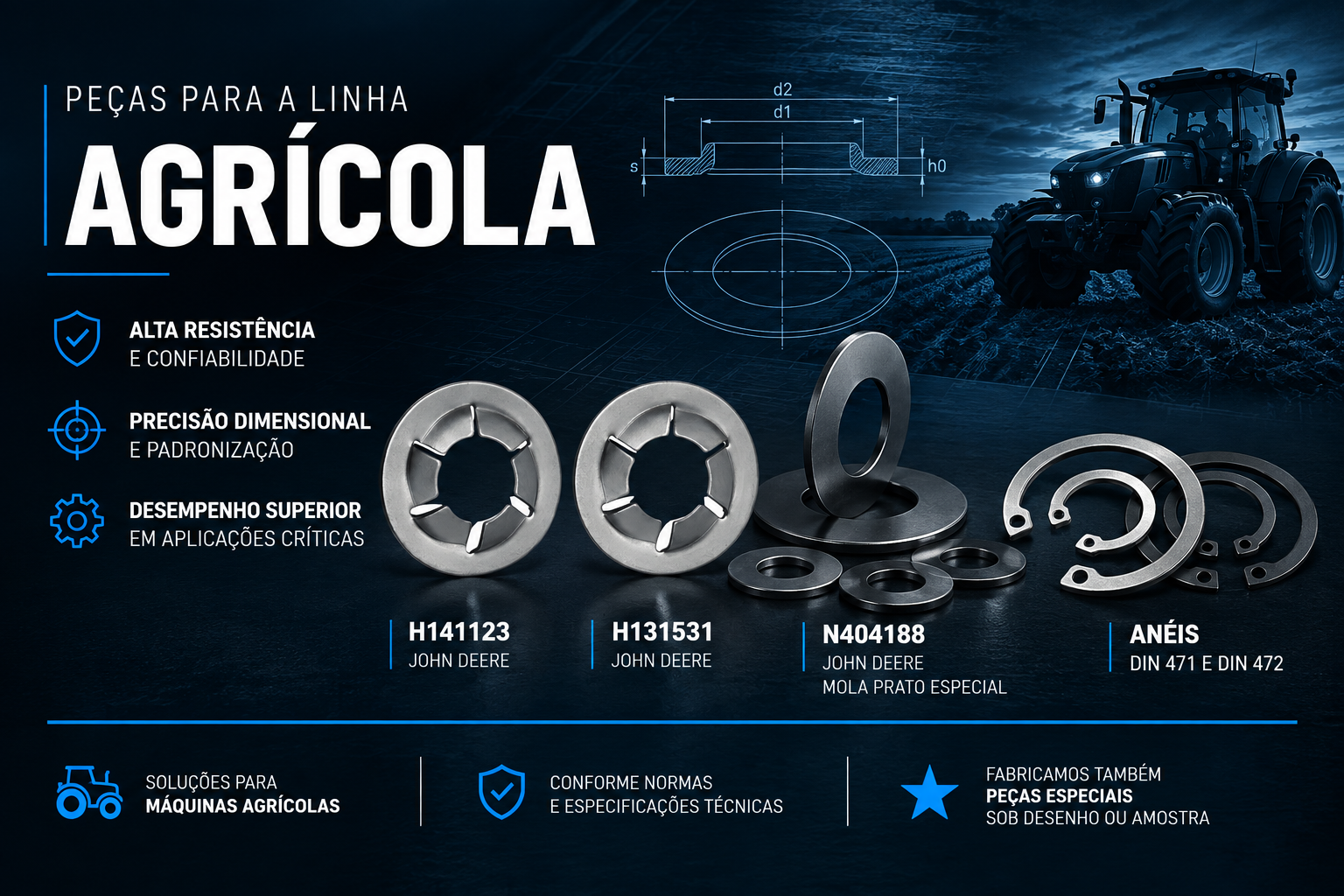 Peças para linha agrícola H141123 H131531 mola prato especial e anéis DIN 471 e DIN 472 - Unistamp Metais